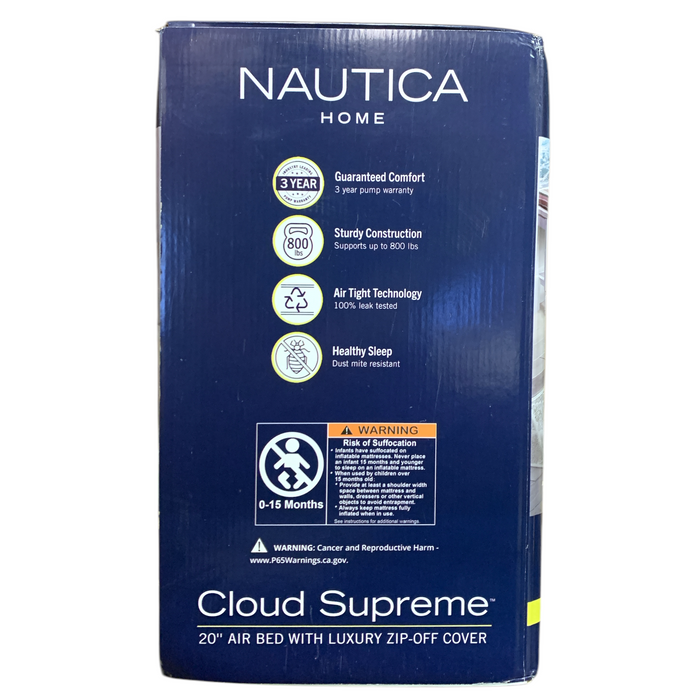 Nautica Home "Cloud Supreme" 20" Air Bed with Luxury Zip-Off Cover, Queen
