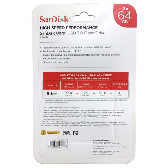 SanDisk Ultra High-Speed Performance USB 3.0 Flash Drive 64GB, 3-Pack