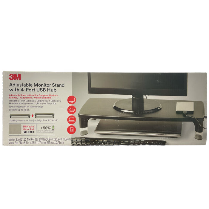 3m Monitor Riser 3M Adjustable Monitor Stand + 4-Port USB Hub, Black, Supports 33lbs ...