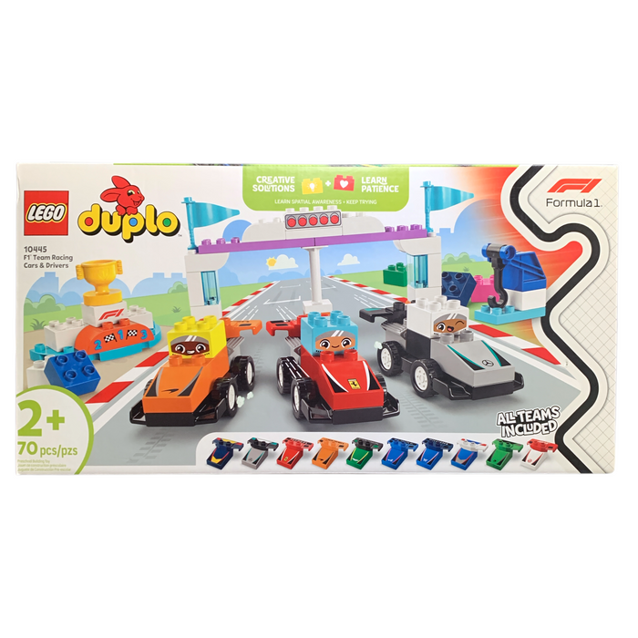 LEGO DUPLO F1 Team Racing Cars & Drivers Preschool Building Toy, 10445, 70pc