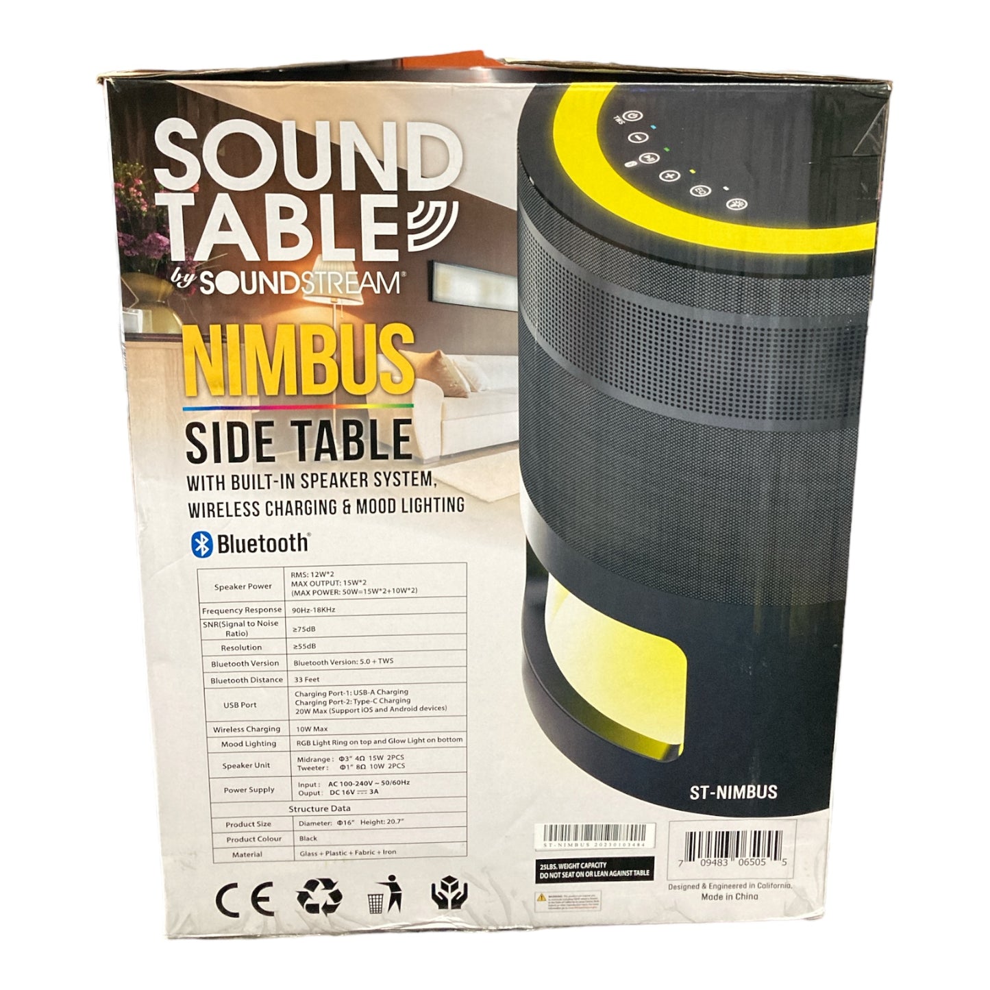 Soundstream Nimbus Sound Table Bluetooth Speaker, Side Table, Wireless Charging