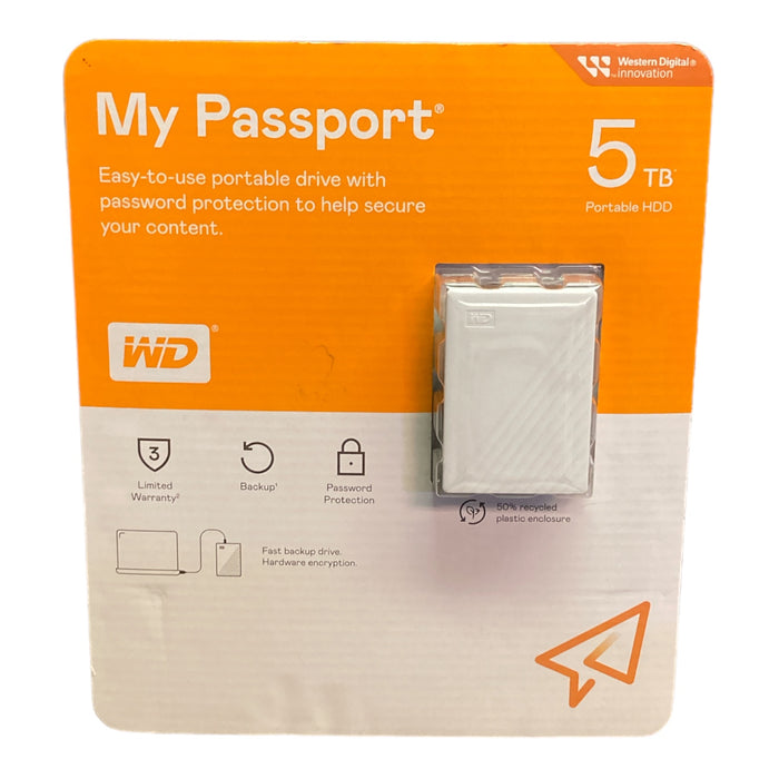 Western Digital My Passport 5TB Portable Hard Drive, White