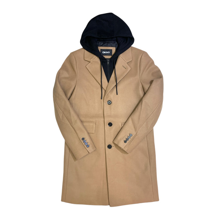 DKNY Men's Warm Single Breasted Faux Wool Coat w/ Removable Hood