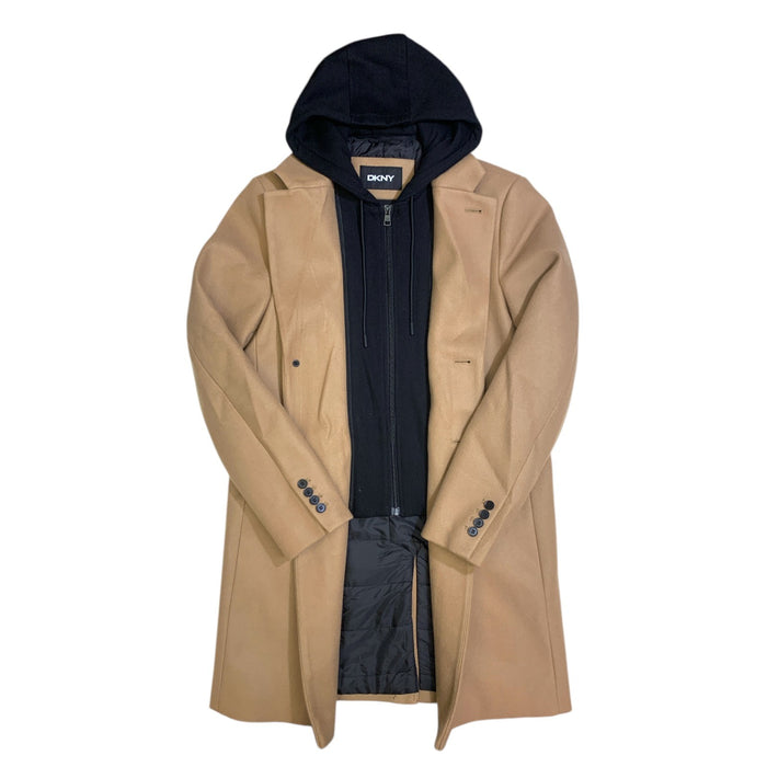 DKNY Men's Warm Single Breasted Faux Wool Coat w/ Removable Hood