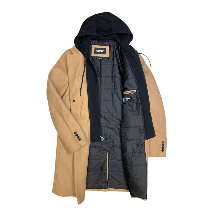 DKNY Men's Warm Single Breasted Faux Wool Coat w/ Removable Hood