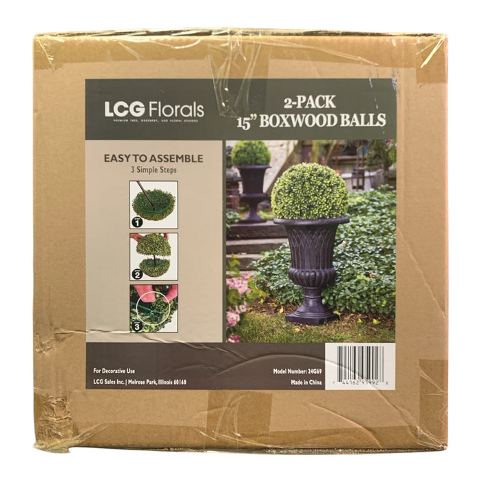 LCG Florals Premium Decorative 15 Inch Artificial Boxwood Balls, 2 Pack