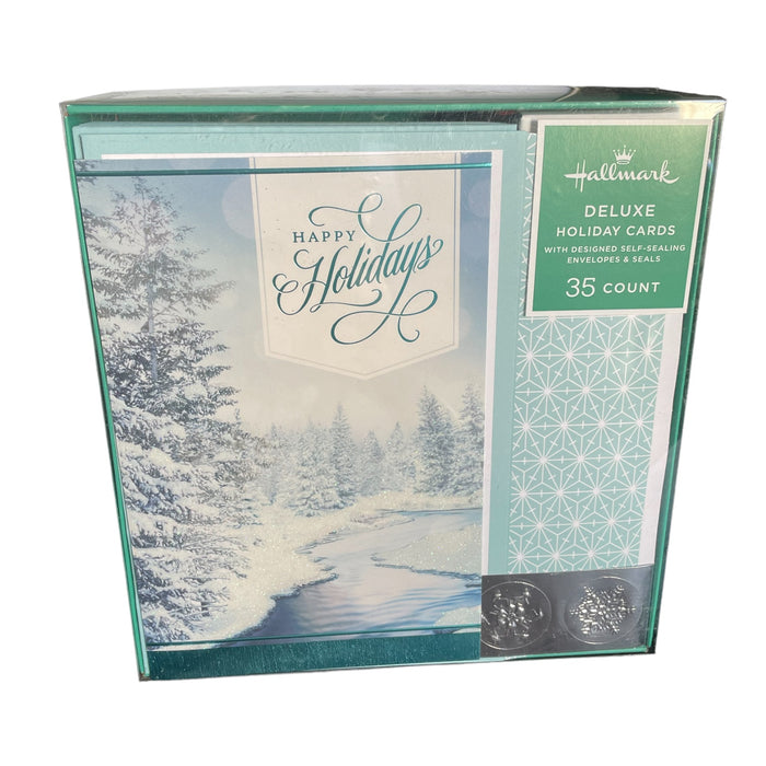 Hallmark Deluxe Holiday Cards, 35 Count, Silver Blue, Happy Holidays