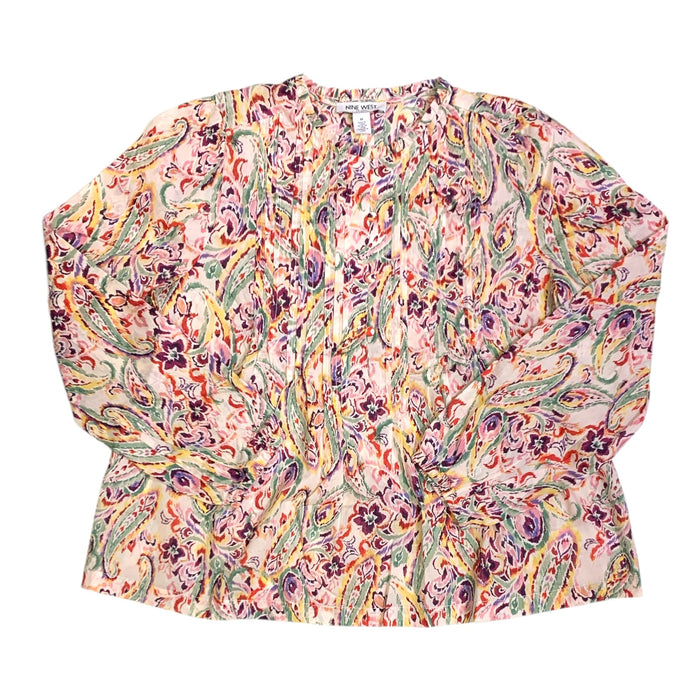 Nine West Women's Pintuck Blouse, Ruffle Neck, Shirred Elastic Cuff, Relaxed Fit