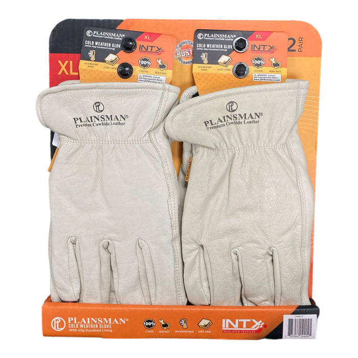 Plainsman Premium Cowhide 100% Leather Gloves Fleece Lined Insulated XL, 2 Pack