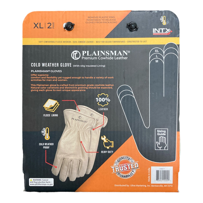 Plainsman Premium Cowhide 100% Leather Gloves Fleece Lined Insulated XL, 2 Pack