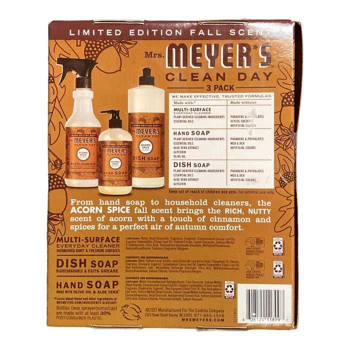 Mrs. Meyer's Clean Day 3 Pack Liquid Soap and Multi-Surface Cleaner(Acorn Spice)