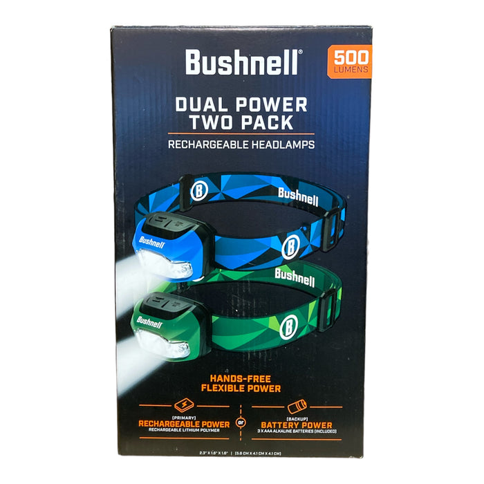 Bushnell Dual Power Rechargeable Headlamp 500 Lumens, Batteries Included, 2 Pack