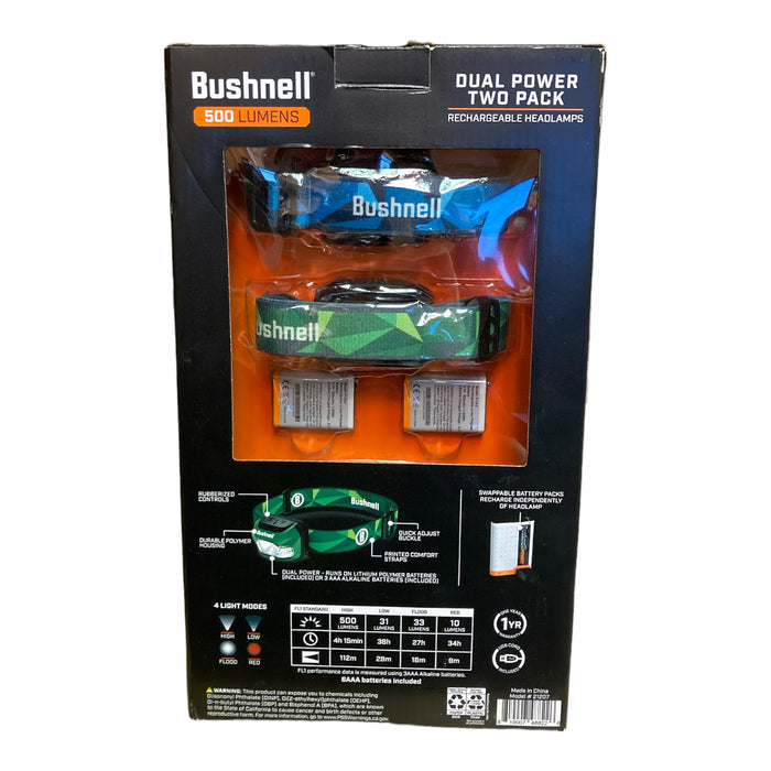 Bushnell Dual Power Rechargeable Headlamp 500 Lumens, Batteries Included, 2 Pack