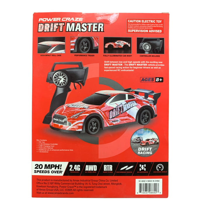 Power Craze Drift Master 1:24 Scale Drift Remote Control Car, Red