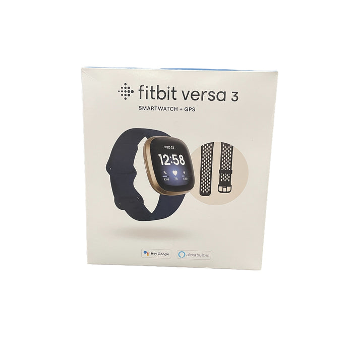 Fitbit Versa 3 Bundle, Gold Watch, Blue Band, Black Bonus Band