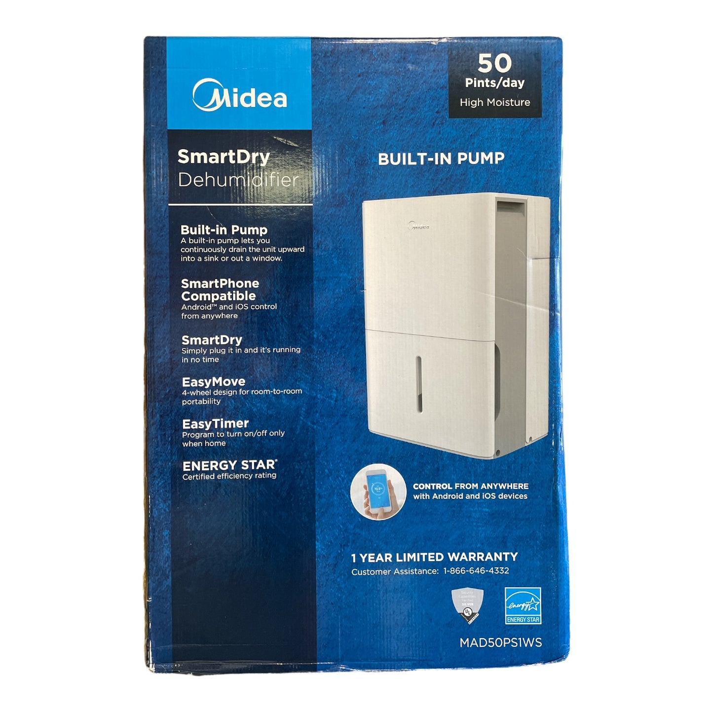 Midea 50-Pint SmartDry Dehumidifier with Built-in Pump, White ...