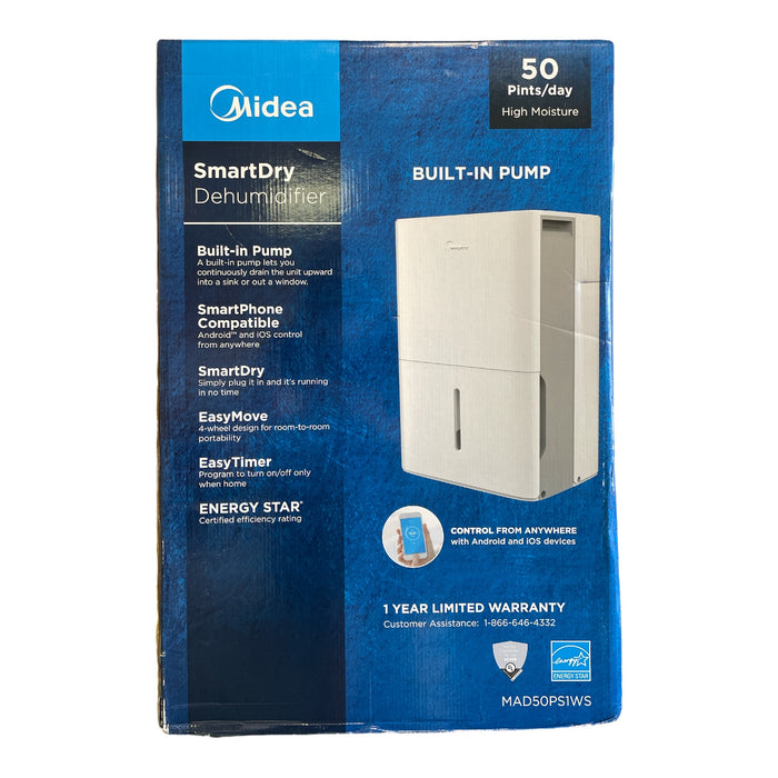 Midea 50-Pint SmartDry Dehumidifier with Built-in Pump, White