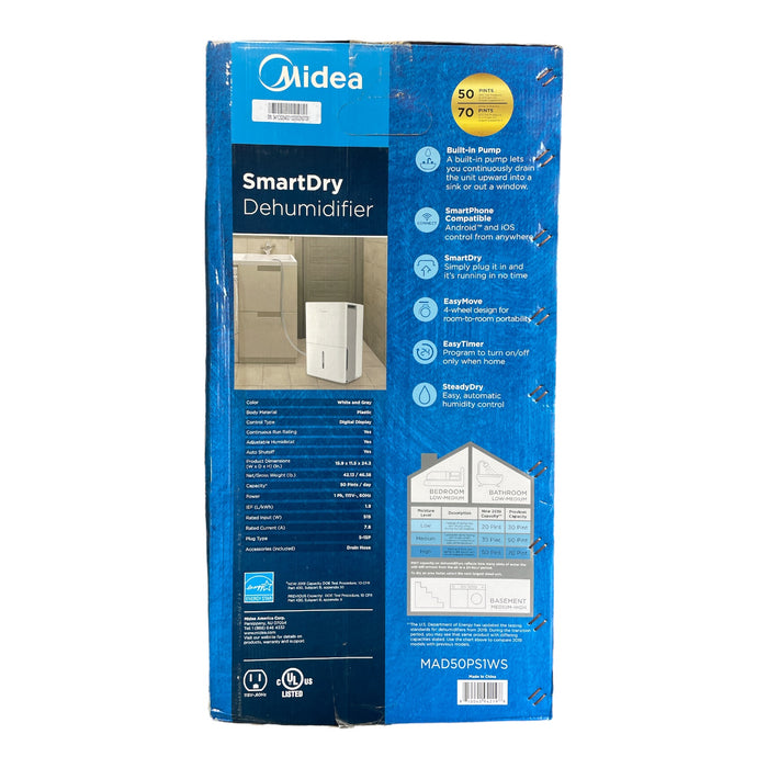 Midea 50-Pint SmartDry Dehumidifier with Built-in Pump, White