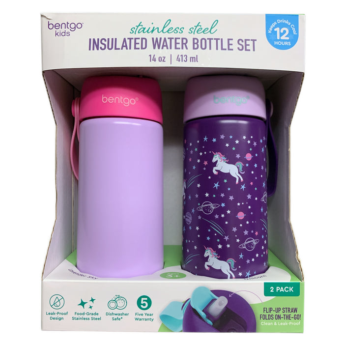 Bentgo Kids Stainless Steel Insulated Water Bottle Set, 14oz/413mL, 2-Pack