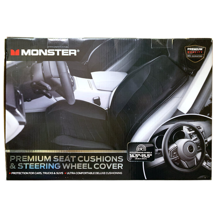 Monster Premium Seat Cushions and Steering Wheel Cover 3pc. Set, Black