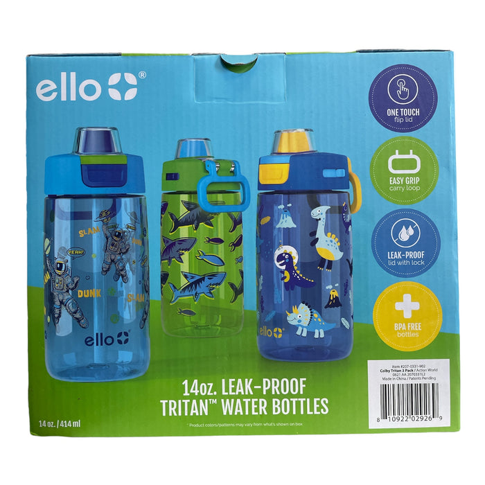 Ello Kids Leak-Proof Tritan Water Bottles, 14oz, Anti-Microbial 3 Pack