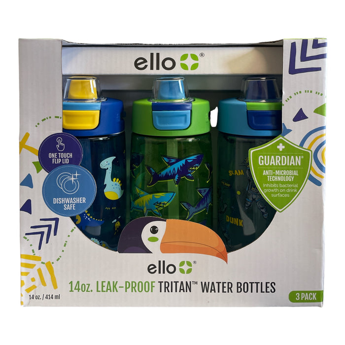 Ello Kids Leak-Proof Tritan Water Bottles, 14oz, Anti-Microbial 3 Pack