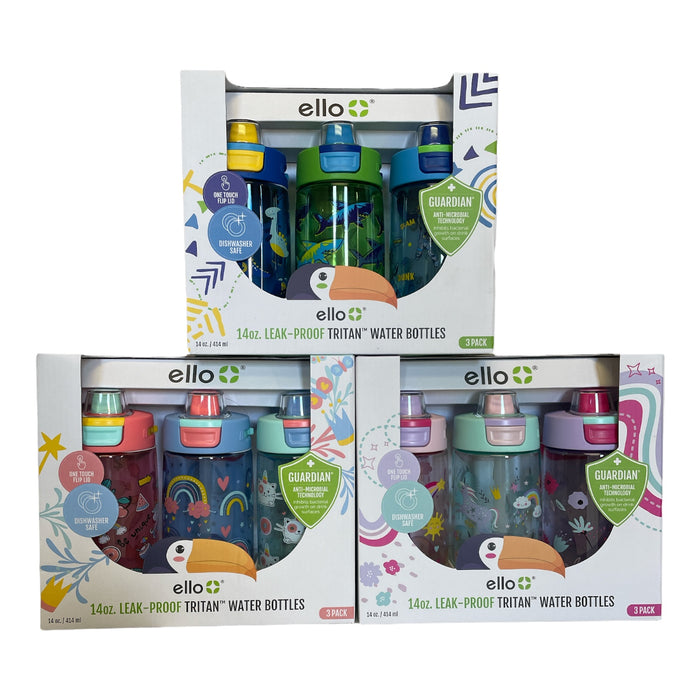 Ello Kids Leak-Proof Tritan Water Bottles, 14oz, Anti-Microbial 3 Pack