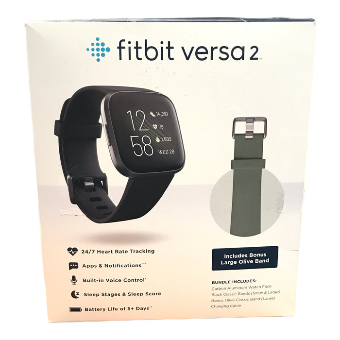 Fitbit Versa 2 Smartwatch Carbon (Black) with Bonus Bands (Olive)