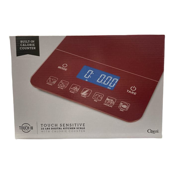 Ozeri Touch III 22 lbs (10 kg) Digital Scale Calorie Counter Tempered Glass, Red