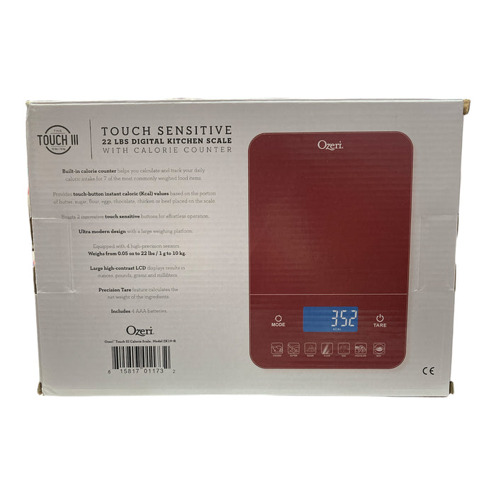 Ozeri Touch III 22 lbs (10 kg) Digital Scale Calorie Counter Tempered Glass, Red