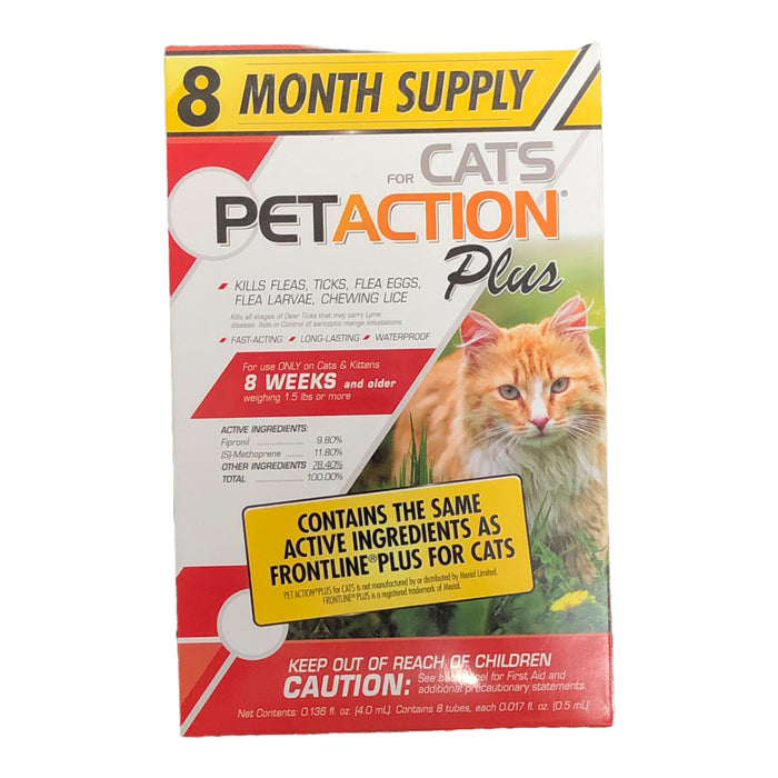 PetAction Plus for Cats Flea and Tick Treatment 8 Month Supply Cats Over 1.5 lbs