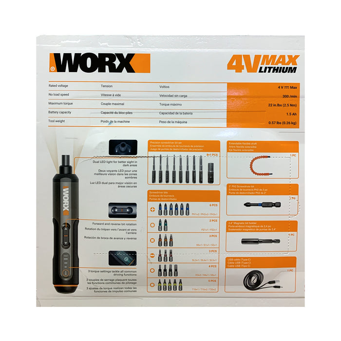 Worx 4V Rechargeable 3-Speed Lithium Screwdriver and 36-Piece Accessory Kit