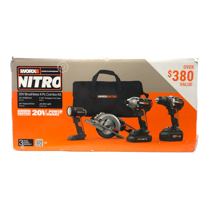 WORX NITRO 20V Brushless 4-Tool Combo Kit (Impact, Drill, Circ Saw, Light)