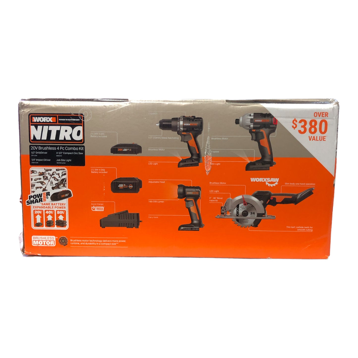 WORX NITRO 20V Brushless 4-Tool Combo Kit (Impact, Drill, Circ Saw, Light)