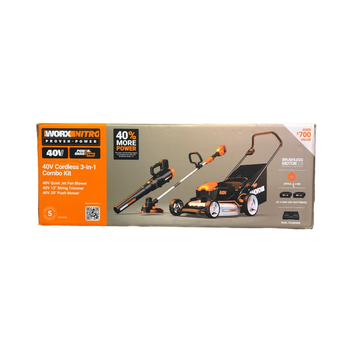 Worx Nitro 40V Cordless 3-in-1 Combo Kit - Blower, 13" Trimmer, 20" Push Mower