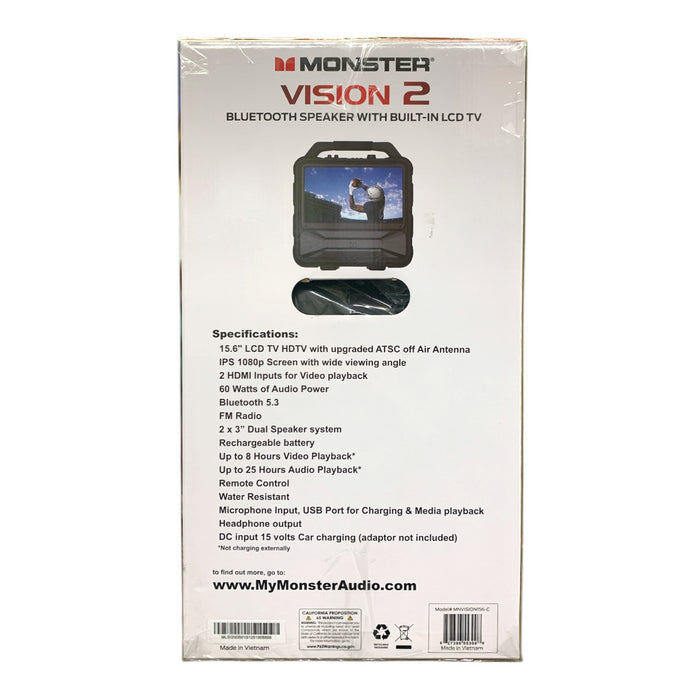 Monster Vision 2 Portable Bluetooth Speaker and Built-In 15.6" LCD TV, 1080p FHD