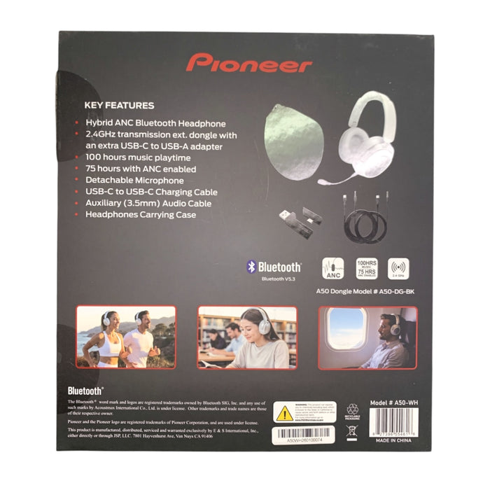 Pioneer A50 Hybrid ANC Bluetooth Headphones, White, Open Box