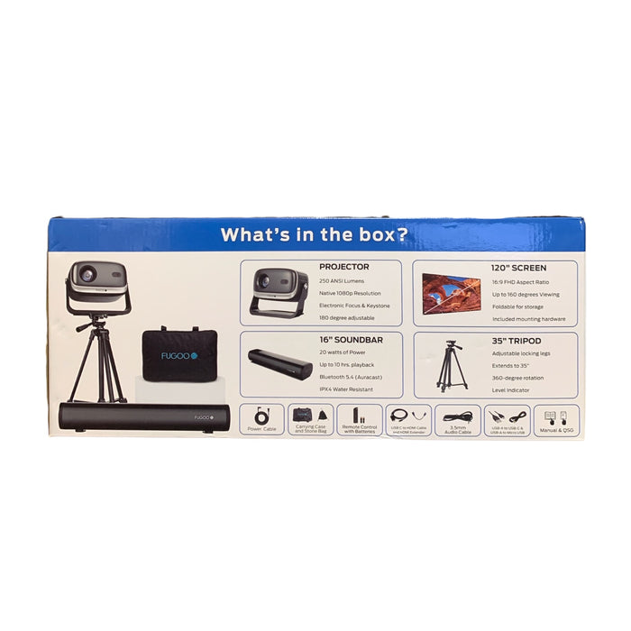 Fugoo Outdoor Projector & Soundbar Bundle with Tripod & 120" Foldable Screen