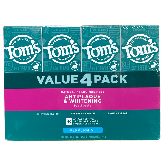 Tom's of Maine Natural Fluoride Free Anti-Plaque & Whitening Toothpaste, 4 Pack
