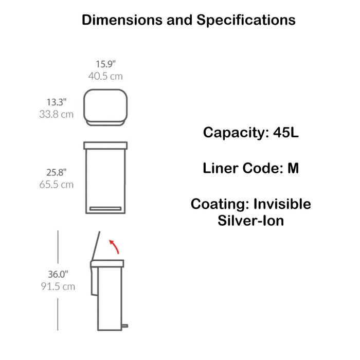 Simplehuman 45L Brushed Rectangular Step Can, CW2217, Ideal for Small Families