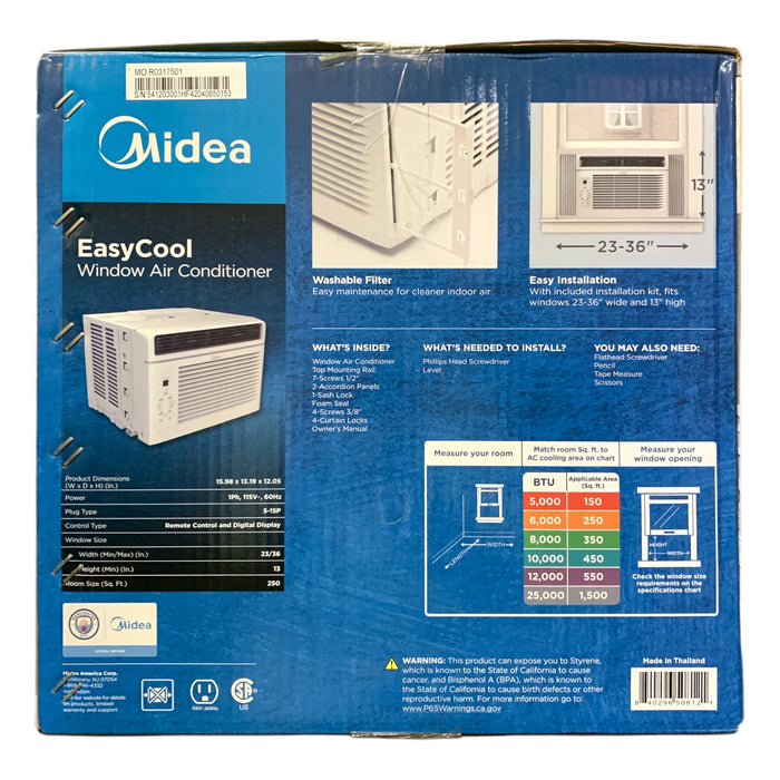 Midea EasyCool Window Air Conditioner with Remote, 6,000BTU/250sq.ft.