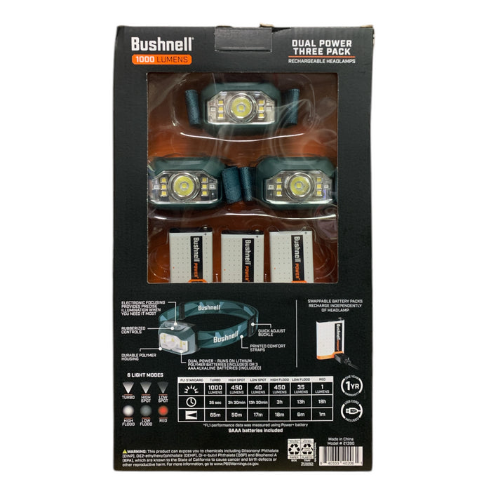 Bushnell 1000 Lumens Dual Power Rechargeable Headlamp Three Pack