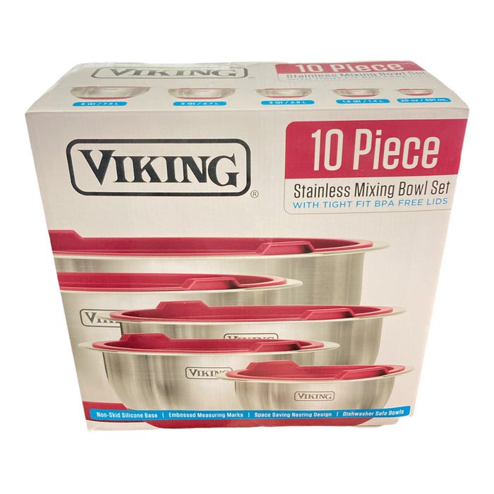 Viking 10-Piece Stainless Steel Mixing, Prep and Serving Bowl Set - Red