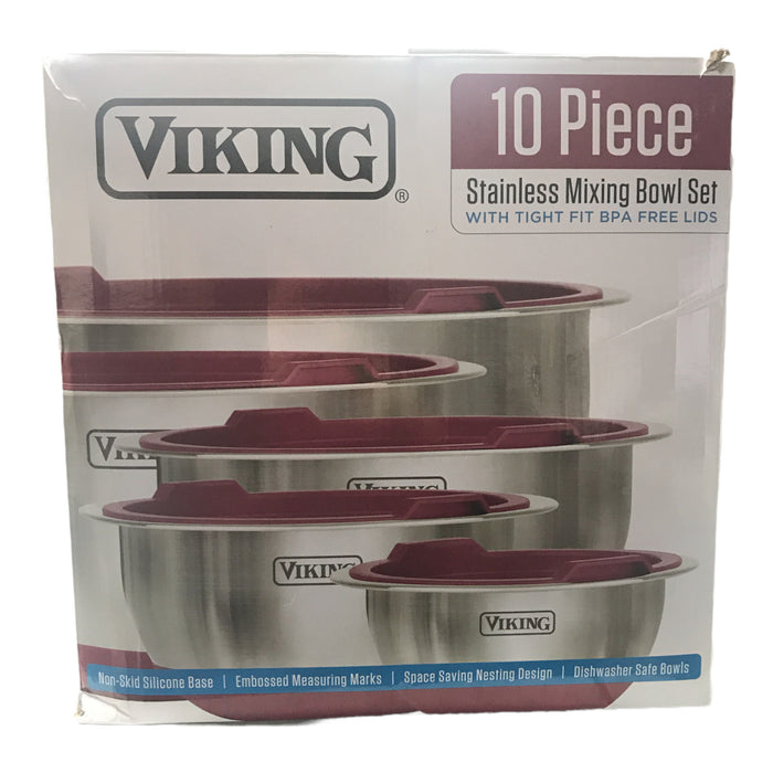 Viking 10-Piece Stainless Steel Mixing, Prep and Serving Bowl Set, Red