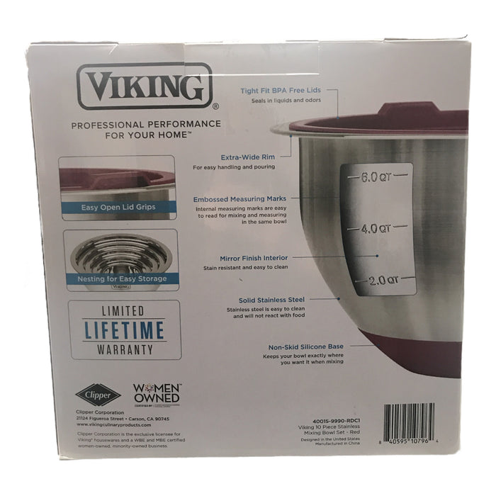 Viking 10-Piece Stainless Steel Mixing, Prep and Serving Bowl Set, Red