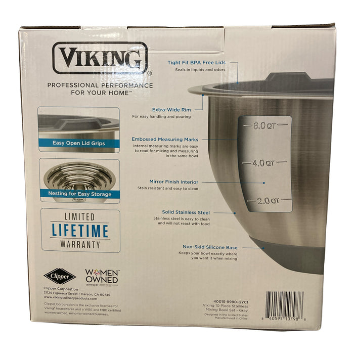 Viking 10-Piece Stainless Steel Mixing, Prep and Serving Bowl Set - Grey