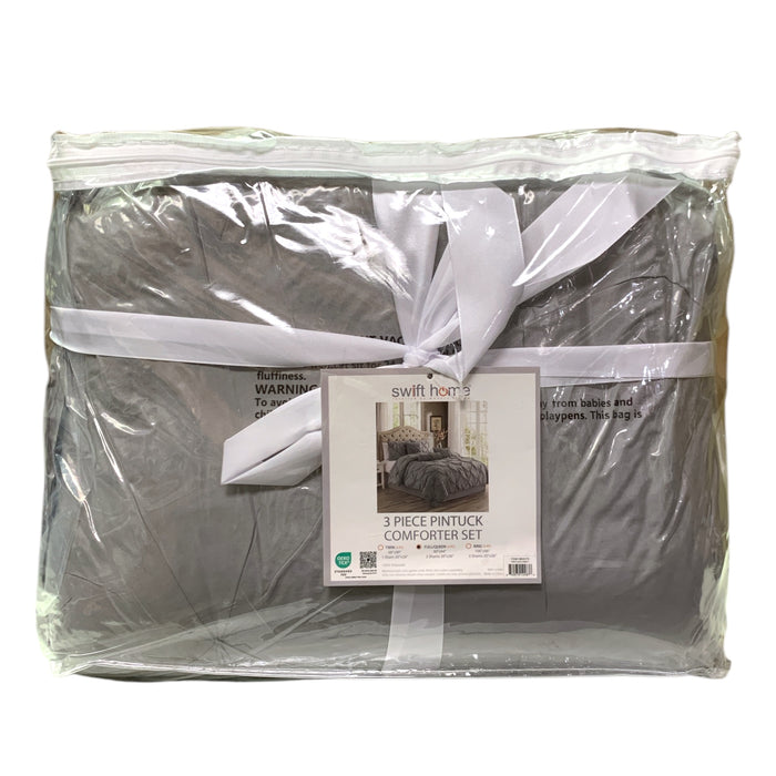 Swift Home 3-Piece Polyester Pintuck Comforter & Sham Set, Full/Queen (Grey)