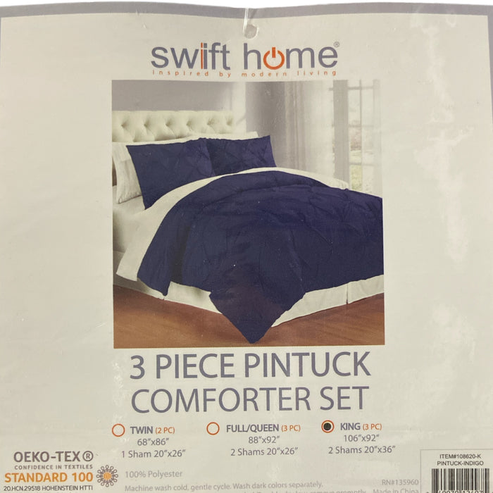 Swift Home 3-Piece Pintuck Comforter and Sham Set, King, Indigo