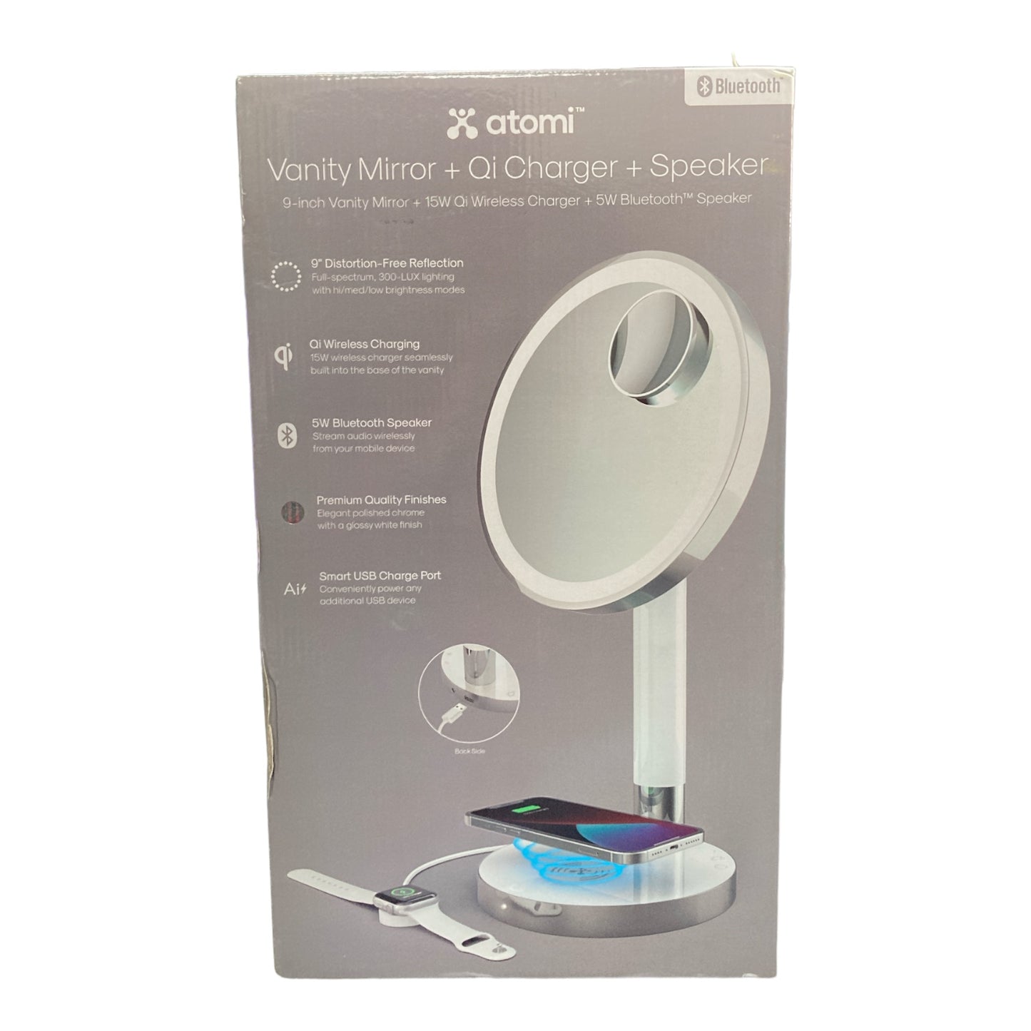 Atomi 9" LED Vanity Mirror with 15W Qi Wireless Charging & Bluetooth Speaker
