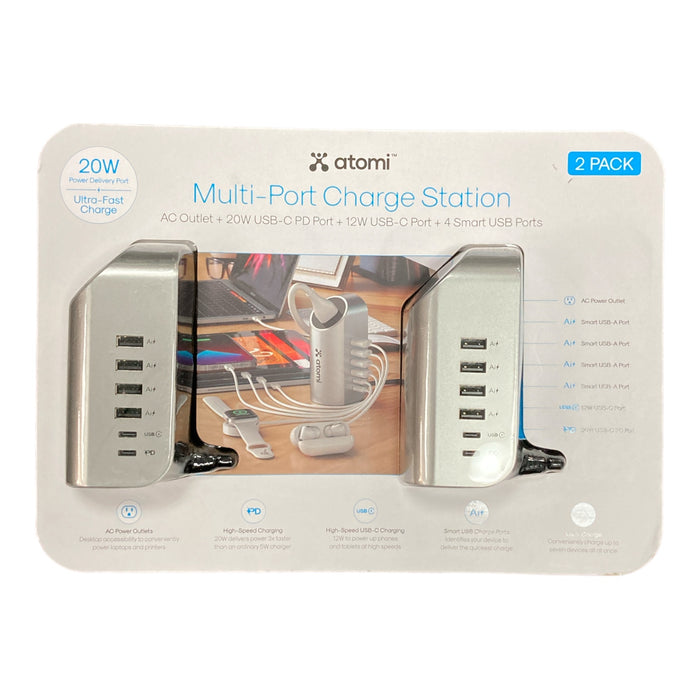 Atomi Multi-Port Charging Station, AC + Type C + Type A USB (2 Pack)